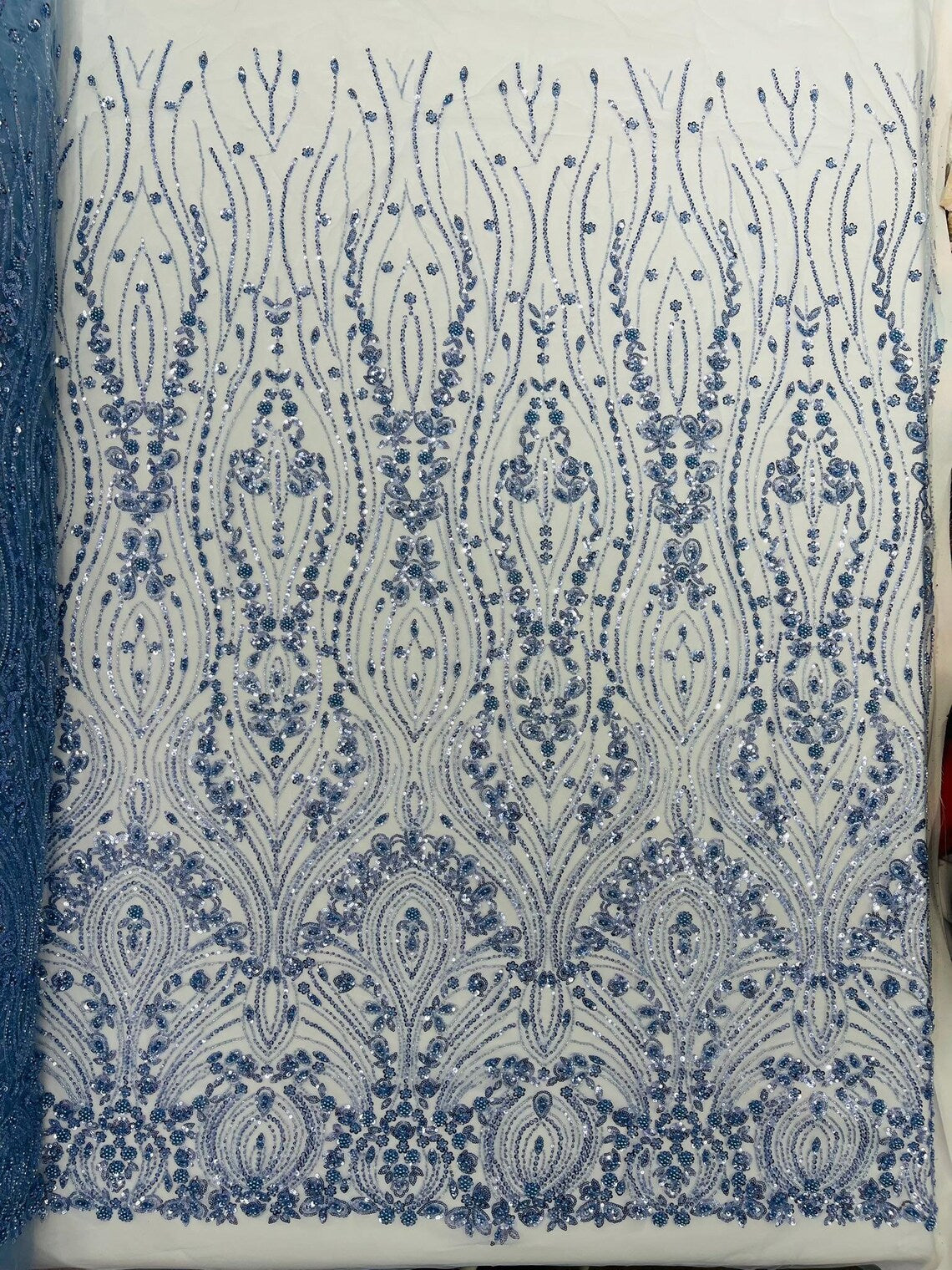 FEATHER  - BLUE - Designs Embroider with Sequins and Heavy Beaded on a Mesh Lace Fabric - Sold By The Yard