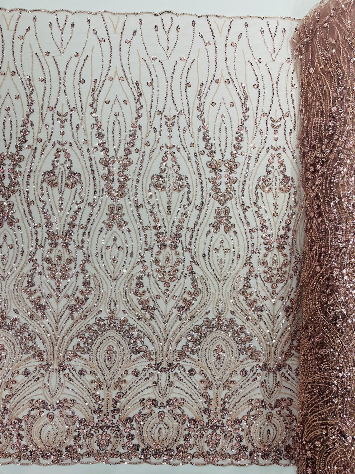 FEATHER  - BLUSH - Designs Embroider with Sequins and Heavy Beaded on a Mesh Lace Fabric - Sold By The Yard