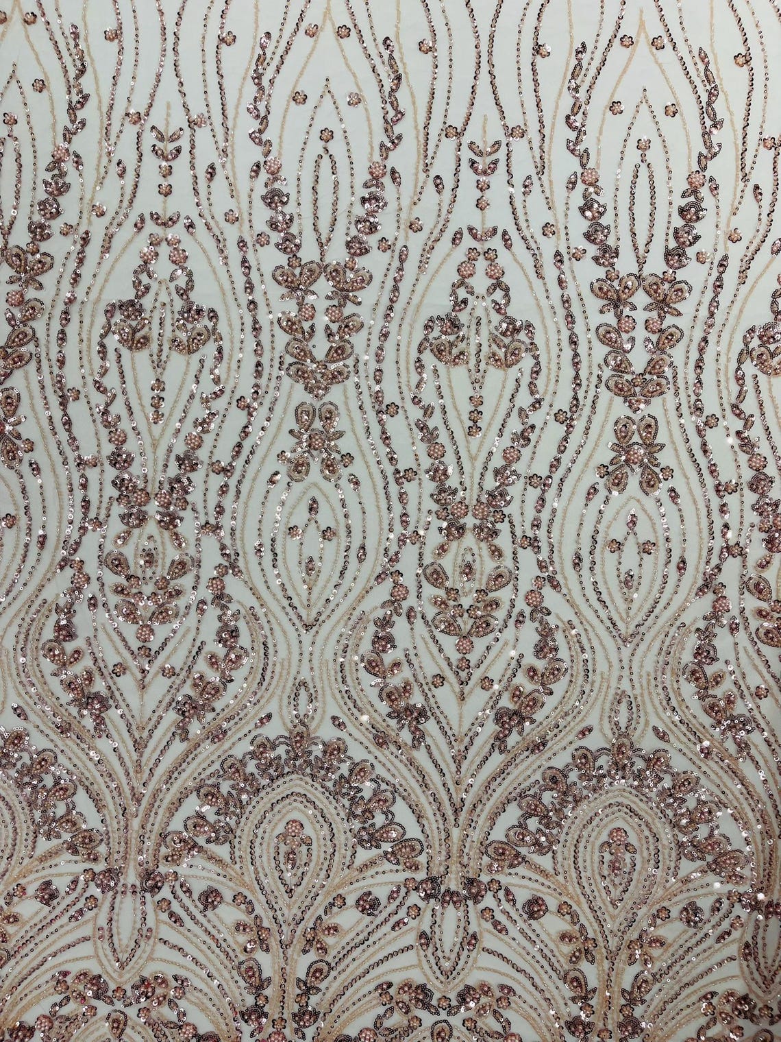 FEATHER  - BLUSH - Designs Embroider with Sequins and Heavy Beaded on a Mesh Lace Fabric - Sold By The Yard