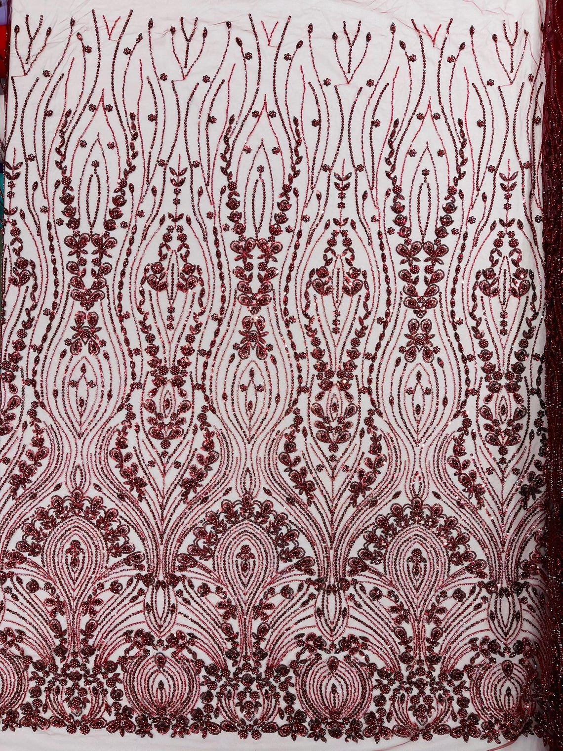 FEATHER  - BURGUNDY - Designs Embroider with Sequins and Heavy Beaded on a Mesh Lace Fabric - Sold By The Yard