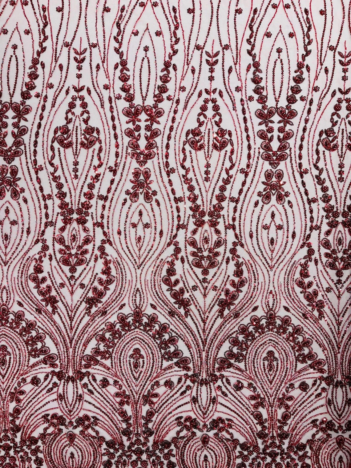 FEATHER  - BURGUNDY - Designs Embroider with Sequins and Heavy Beaded on a Mesh Lace Fabric - Sold By The Yard