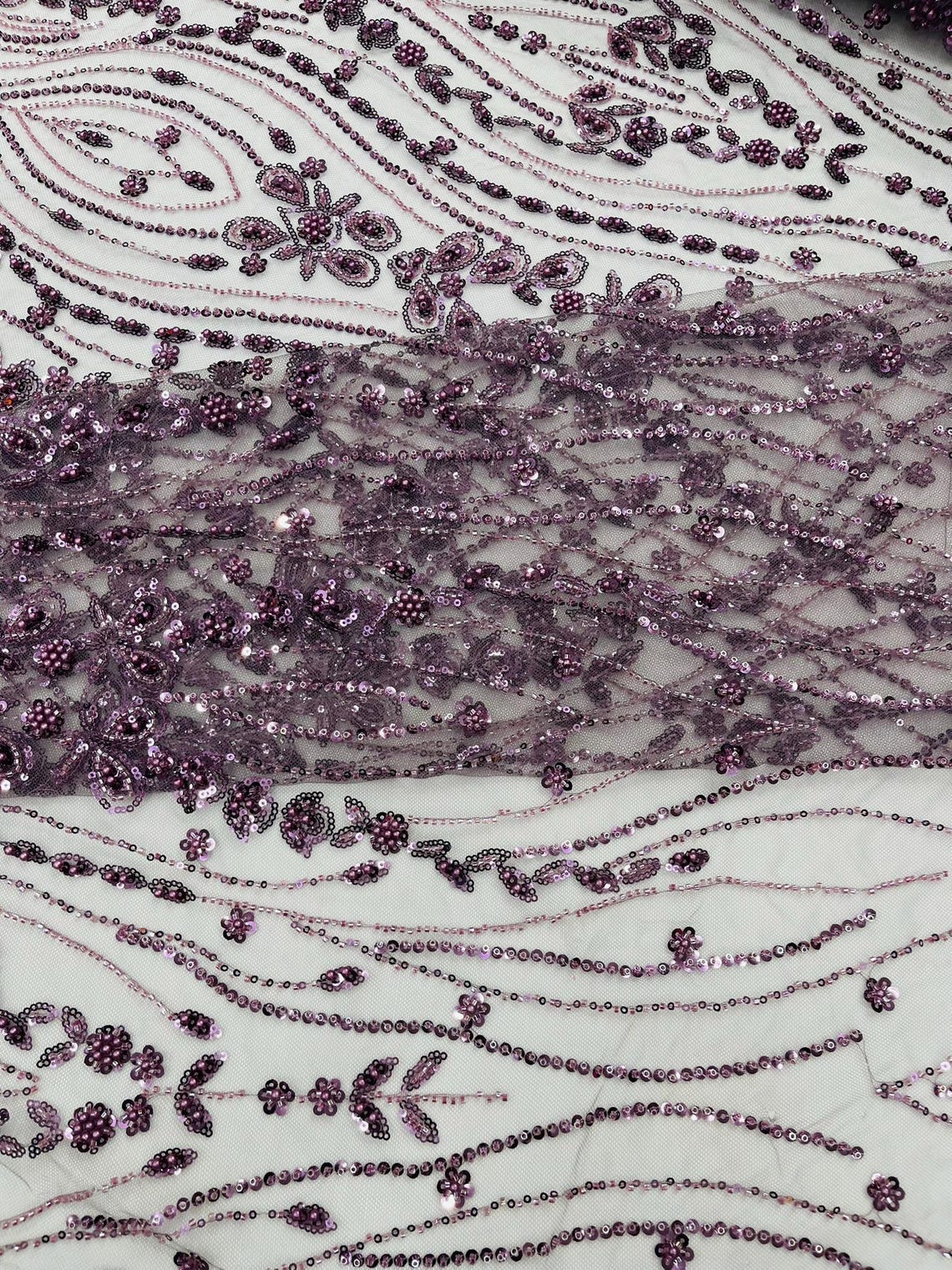 FEATHER  - DK PLUM - Designs Embroider with Sequins and Heavy Beaded on a Mesh Lace Fabric - Sold By The Yard