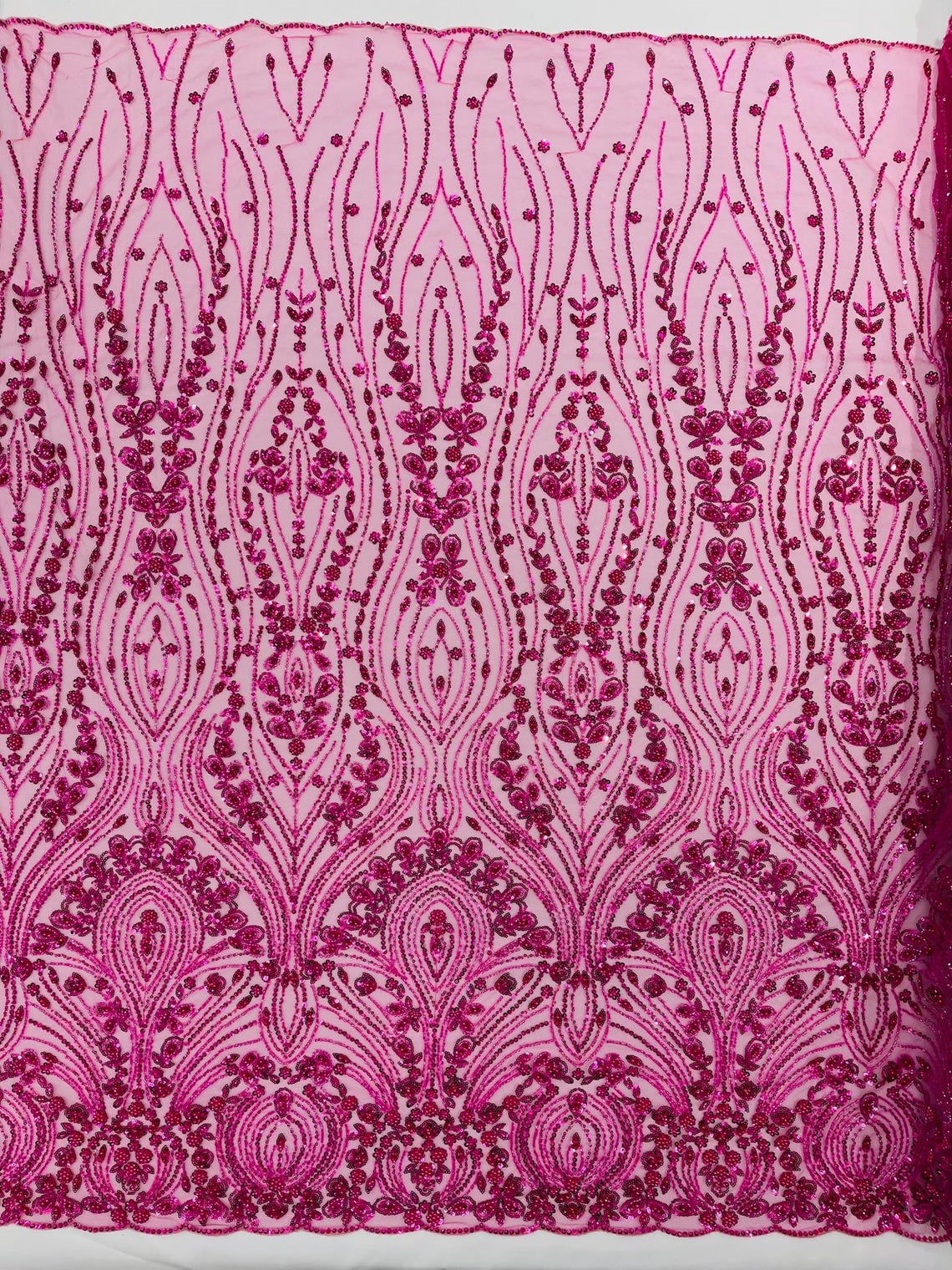 FEATHER  - HOT PINK - Designs Embroider with Sequins and Heavy Beaded on a Mesh Lace Fabric - Sold By The Yard