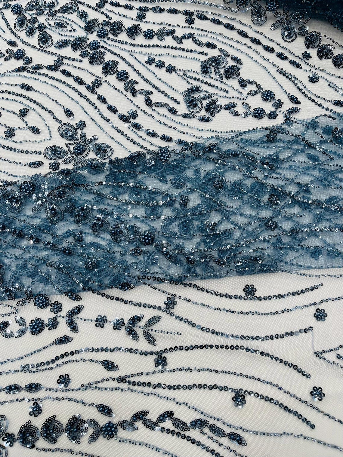 FEATHER  - SMOKE BLUE - Designs Embroider with Sequins and Heavy Beaded on a Mesh Lace Fabric - Sold By The Yard