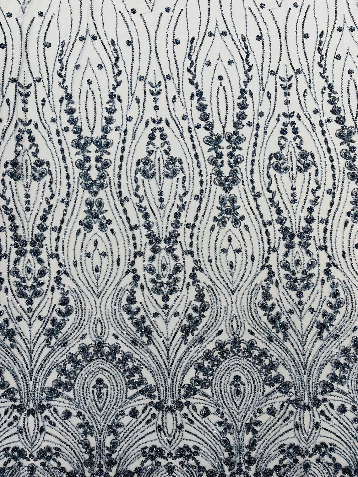 FEATHER  - SMOKE BLUE - Designs Embroider with Sequins and Heavy Beaded on a Mesh Lace Fabric - Sold By The Yard