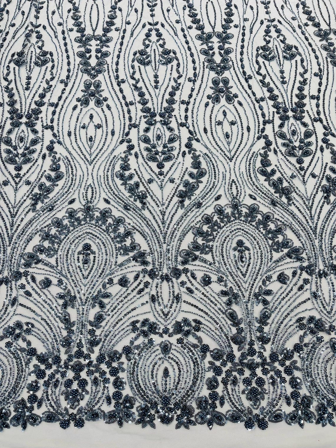 FEATHER  - SMOKE BLUE - Designs Embroider with Sequins and Heavy Beaded on a Mesh Lace Fabric - Sold By The Yard