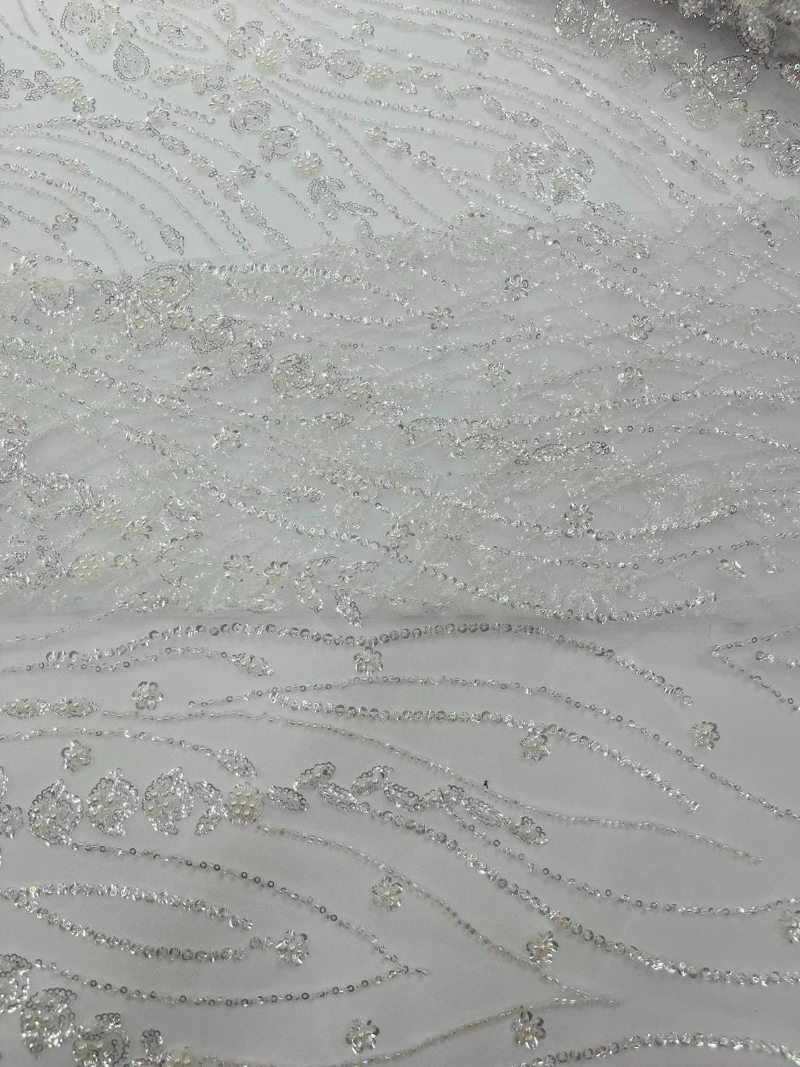 FEATHER  - WHITE - Designs Embroider with Sequins and Heavy Beaded on a Mesh Lace Fabric - Sold By The Yard