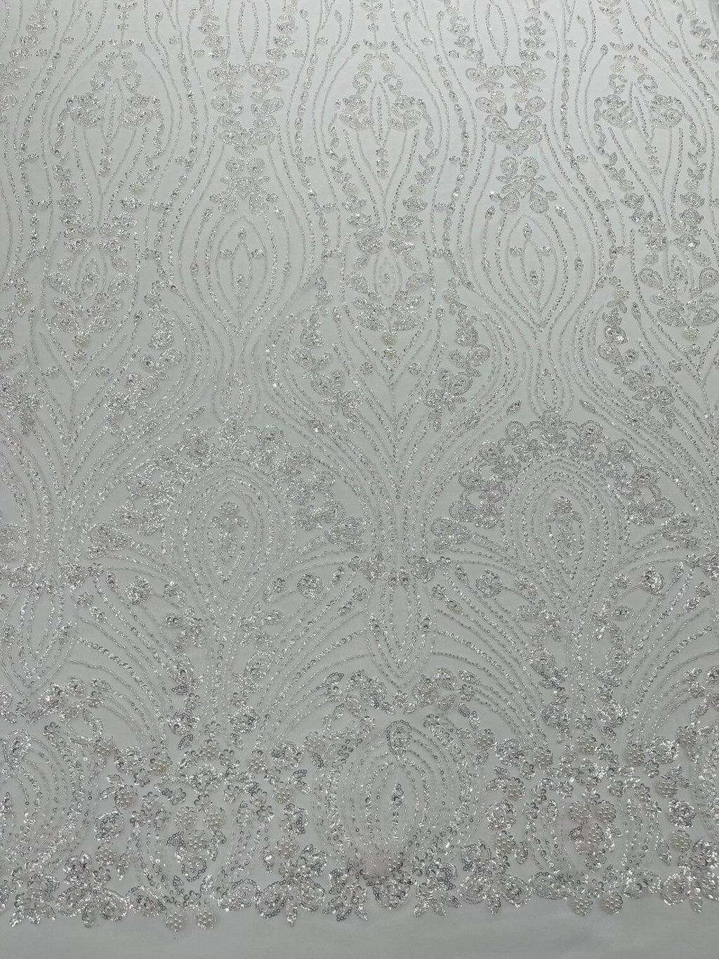 FEATHER  - WHITE - Designs Embroider with Sequins and Heavy Beaded on a Mesh Lace Fabric - Sold By The Yard