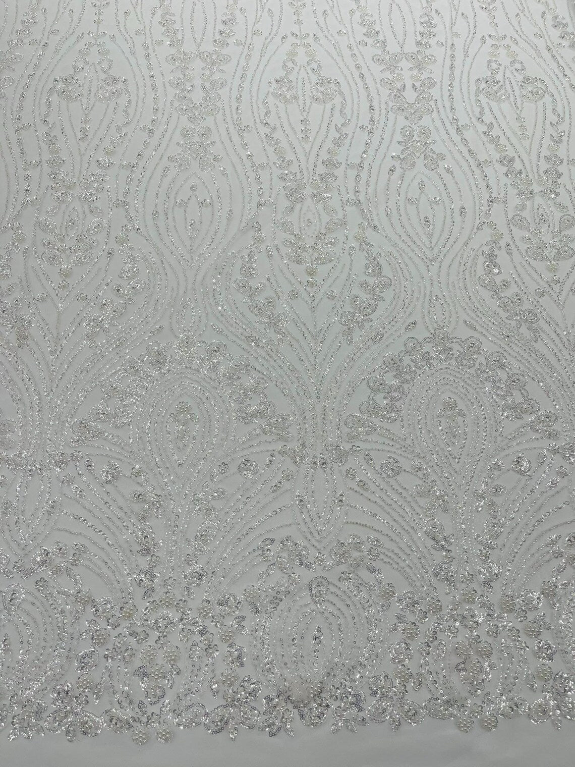 FEATHER  - WHITE - Designs Embroider with Sequins and Heavy Beaded on a Mesh Lace Fabric - Sold By The Yard