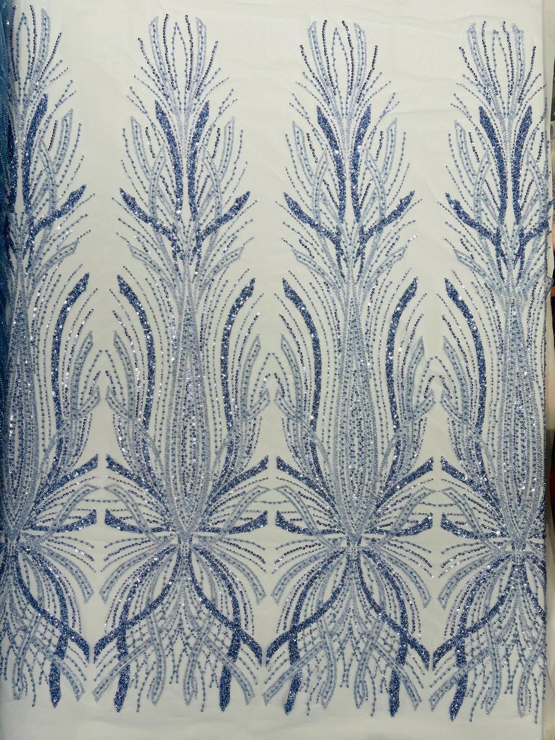 BRIDAL  - LT BLUE - Designs Embroider with Sequins and Heavy Beaded on a Mesh Lace Fabric - Sold By The Yard