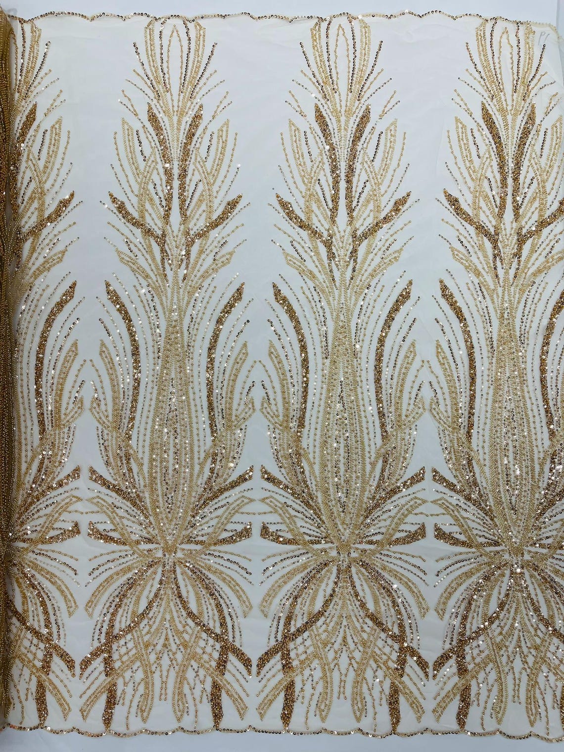 BRIDAL  - CHAMPAGNE - Designs Embroider with Sequins and Heavy Beaded on a Mesh Lace Fabric - Sold By The Yard
