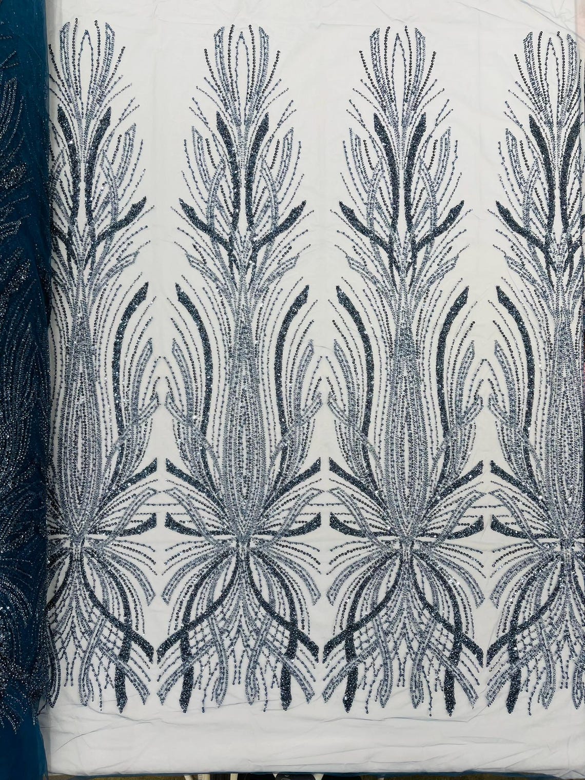 BRIDAL  - STEEL BLUE - Designs Embroider with Sequins and Heavy Beaded on a Mesh Lace Fabric - Sold By The Yard