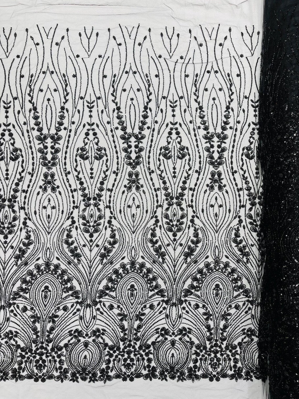 FEATHER  -  BLACK - Designs Embroider with Sequins and Heavy Beaded on a Mesh Lace Fabric - Sold By The Yard -