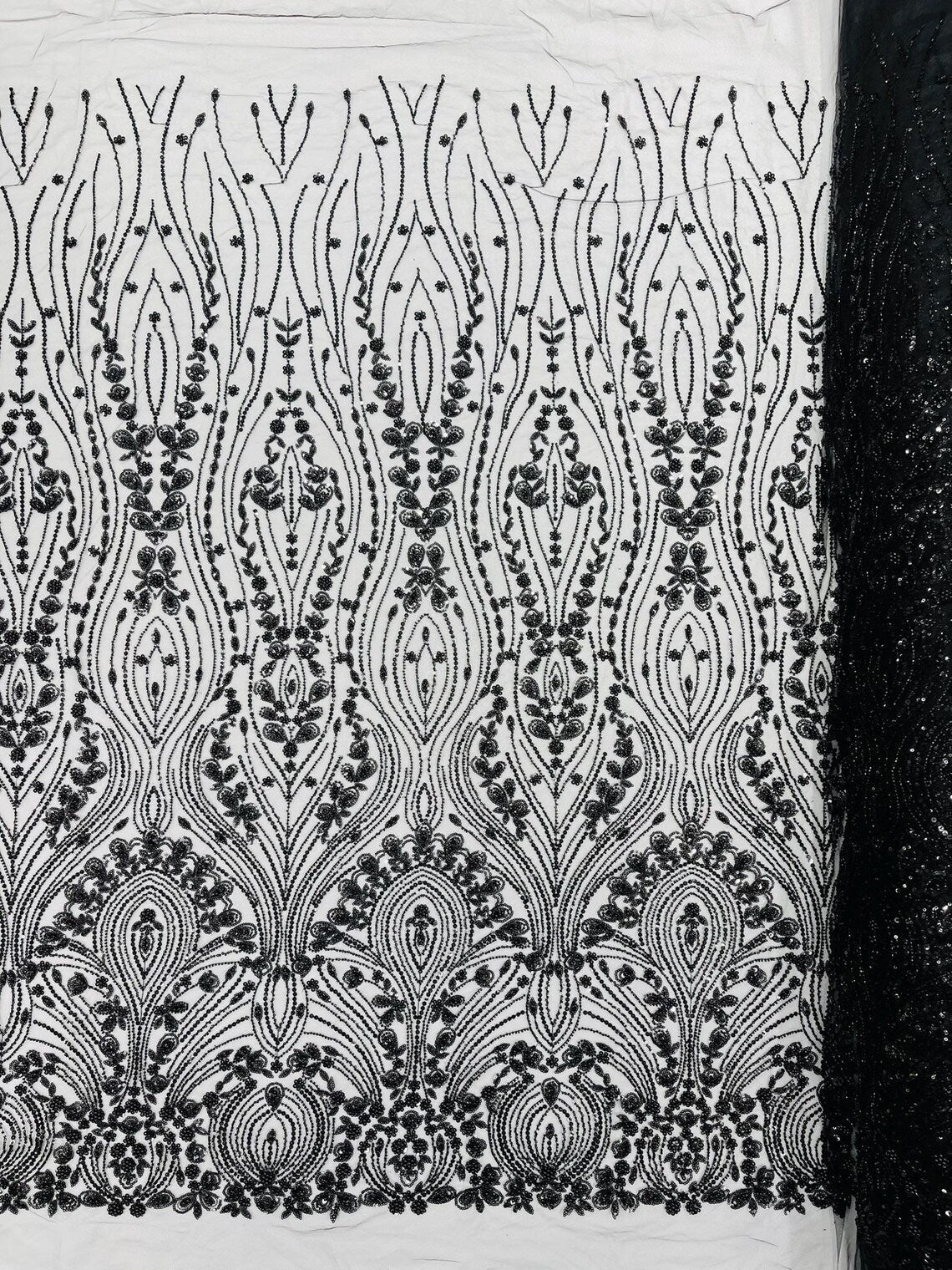 FEATHER  -  BLACK - Designs Embroider with Sequins and Heavy Beaded on a Mesh Lace Fabric - Sold By The Yard -