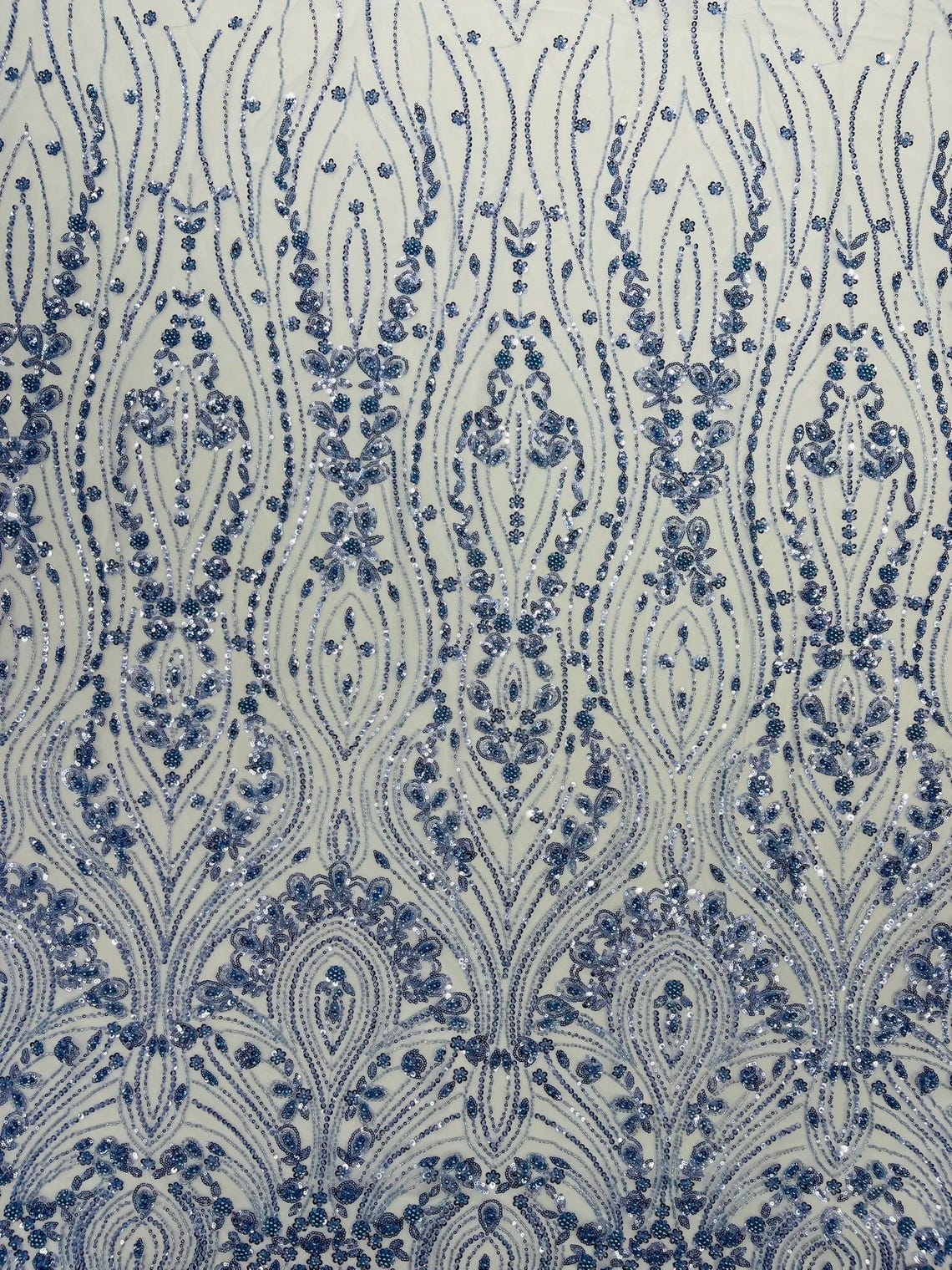 FEATHER  - BLUE - Designs Embroider with Sequins and Heavy Beaded on a Mesh Lace Fabric - Sold By The Yard