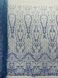 FEATHER  - BLUE - Designs Embroider with Sequins and Heavy Beaded on a Mesh Lace Fabric - Sold By The Yard