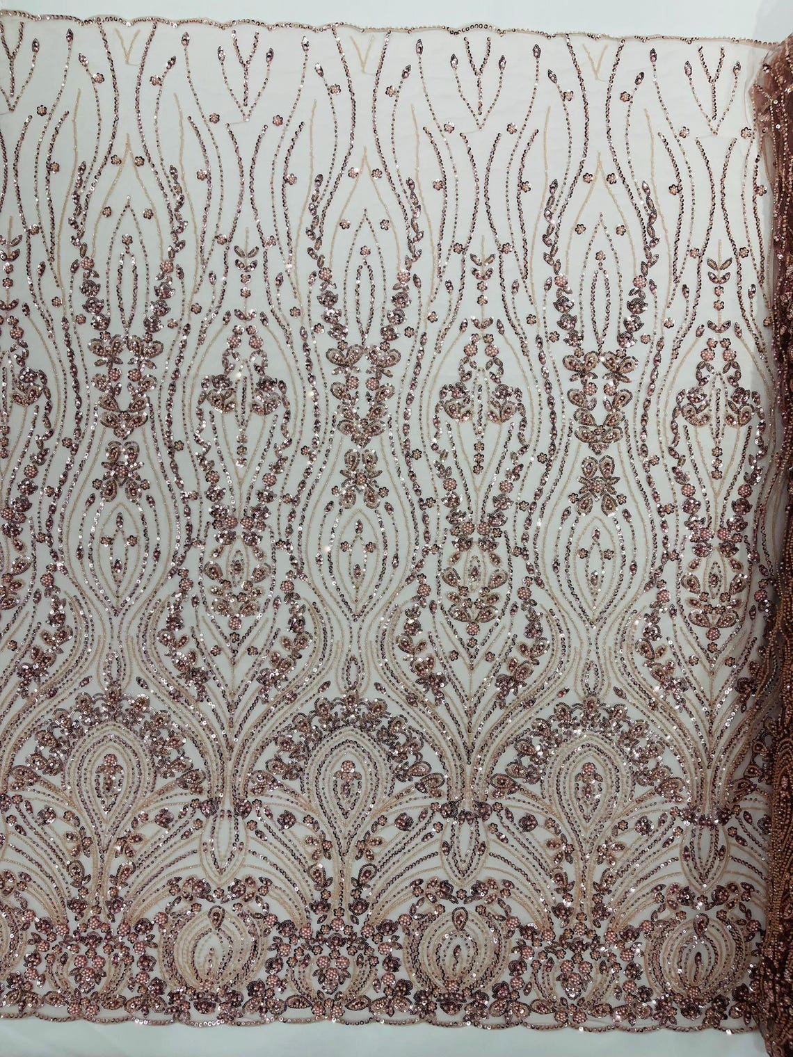 FEATHER  - BLUSH - Designs Embroider with Sequins and Heavy Beaded on a Mesh Lace Fabric - Sold By The Yard