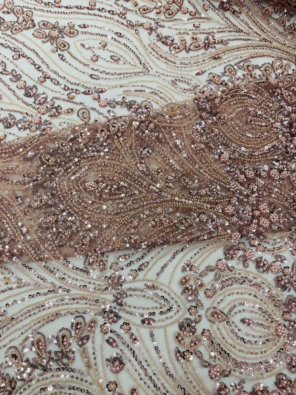 FEATHER  - BLUSH - Designs Embroider with Sequins and Heavy Beaded on a Mesh Lace Fabric - Sold By The Yard