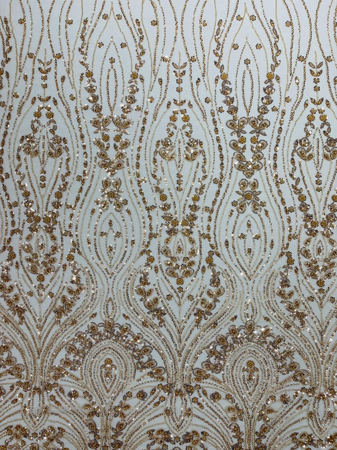 FEATHER  - CHAMPAGNE - Designs Embroider with Sequins and Heavy Beaded on a Mesh Lace Fabric - Sold By The Yard