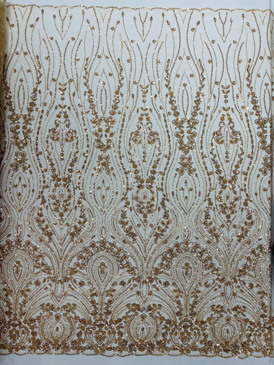 FEATHER  - CHAMPAGNE - Designs Embroider with Sequins and Heavy Beaded on a Mesh Lace Fabric - Sold By The Yard