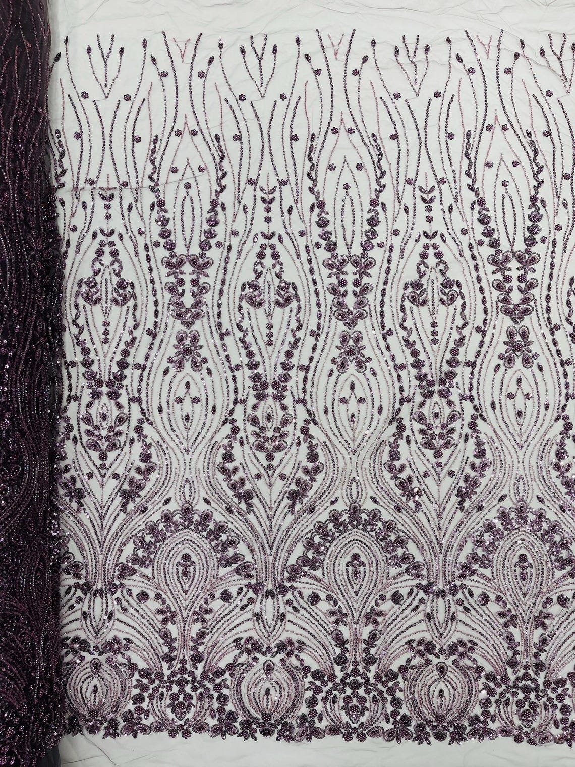 FEATHER  - DK PLUM - Designs Embroider with Sequins and Heavy Beaded on a Mesh Lace Fabric - Sold By The Yard