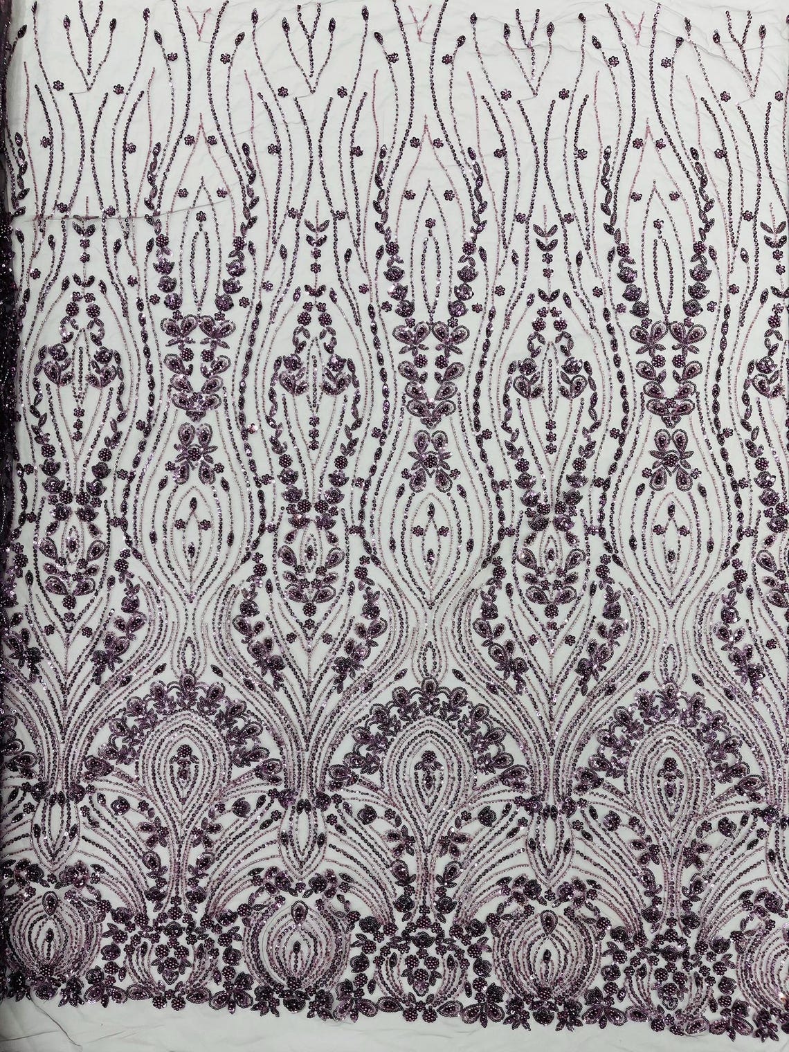 FEATHER  - DK PLUM - Designs Embroider with Sequins and Heavy Beaded on a Mesh Lace Fabric - Sold By The Yard