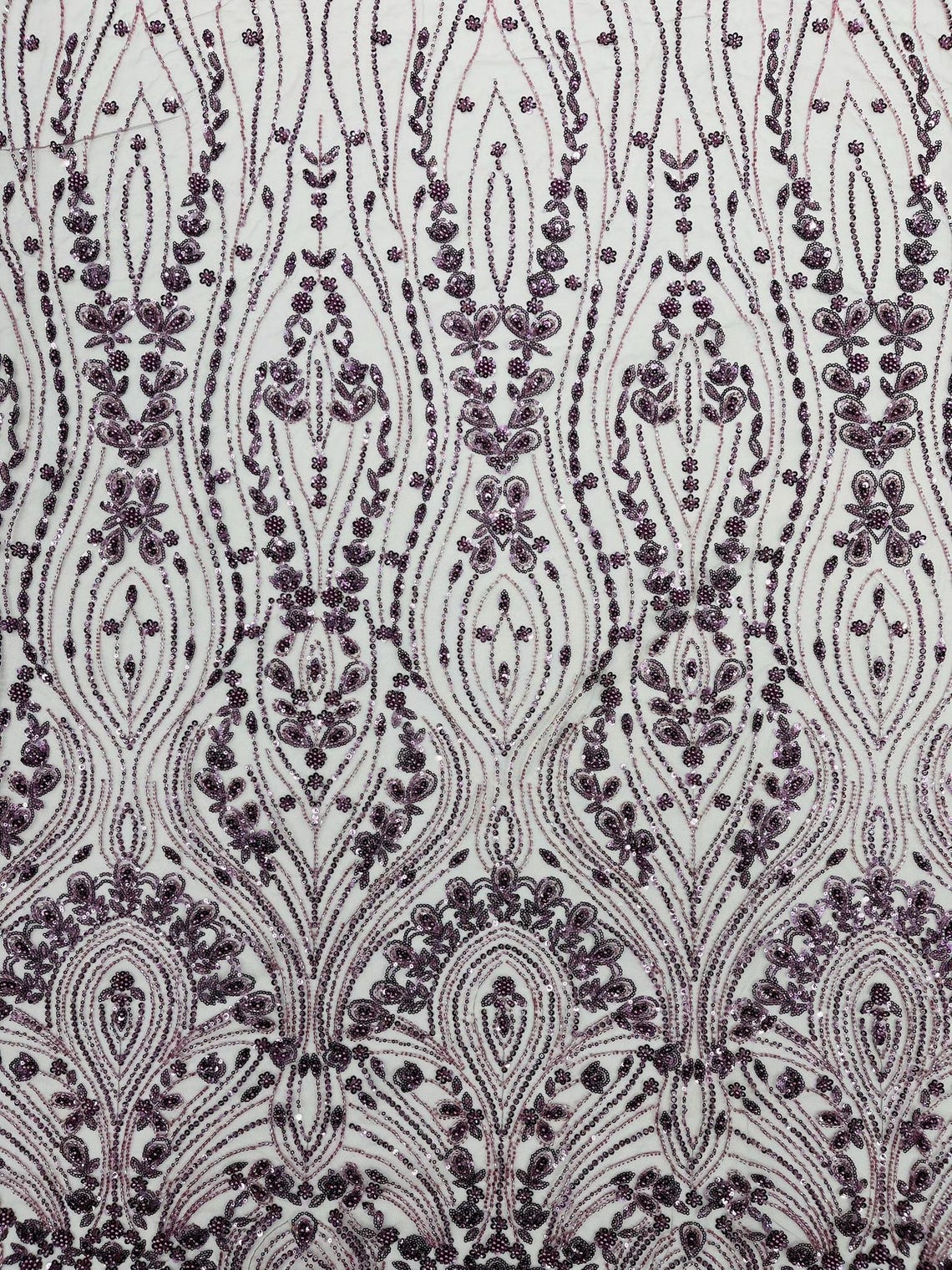 FEATHER  - DK PLUM - Designs Embroider with Sequins and Heavy Beaded on a Mesh Lace Fabric - Sold By The Yard