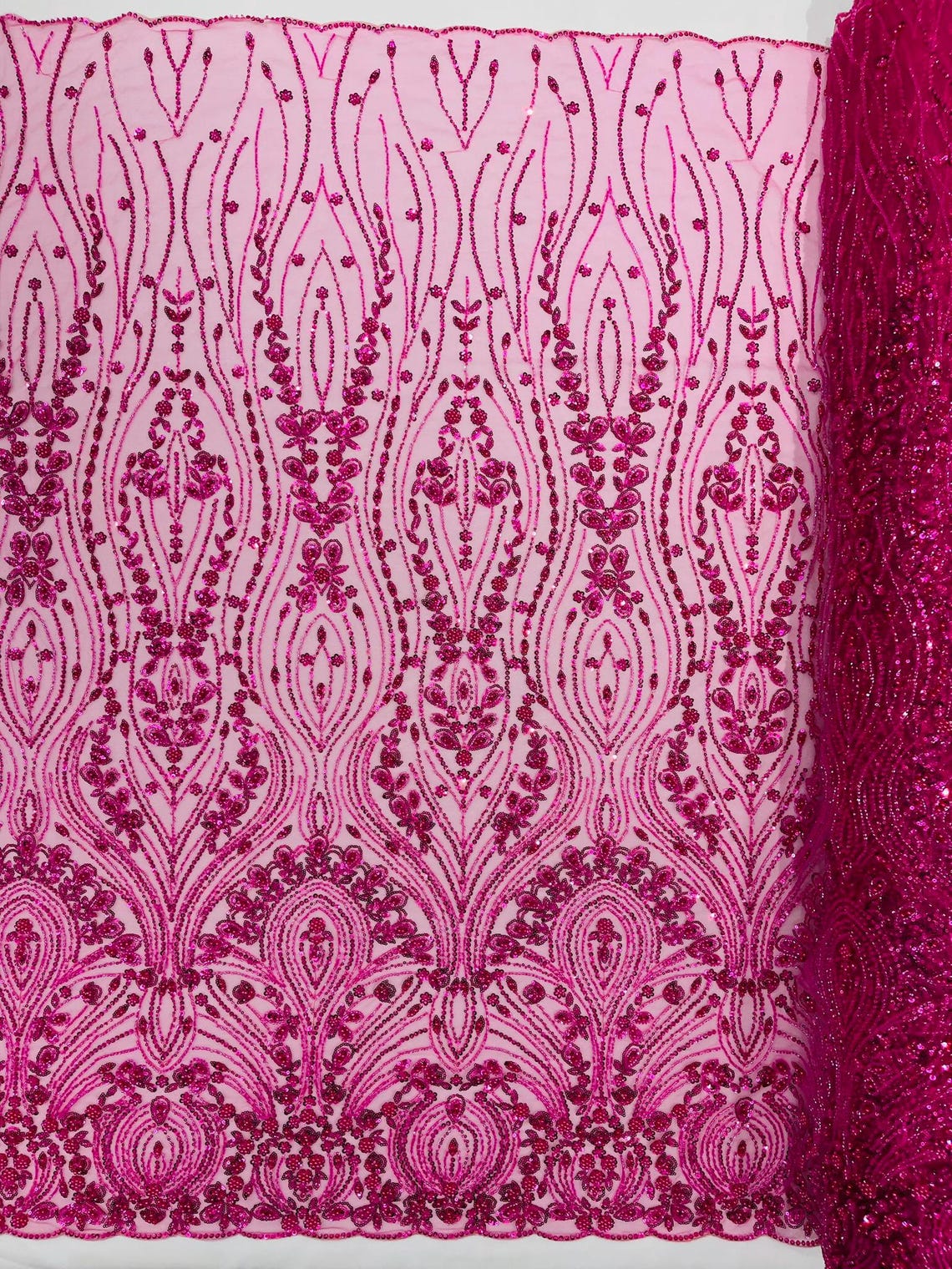 FEATHER  - HOT PINK - Designs Embroider with Sequins and Heavy Beaded on a Mesh Lace Fabric - Sold By The Yard