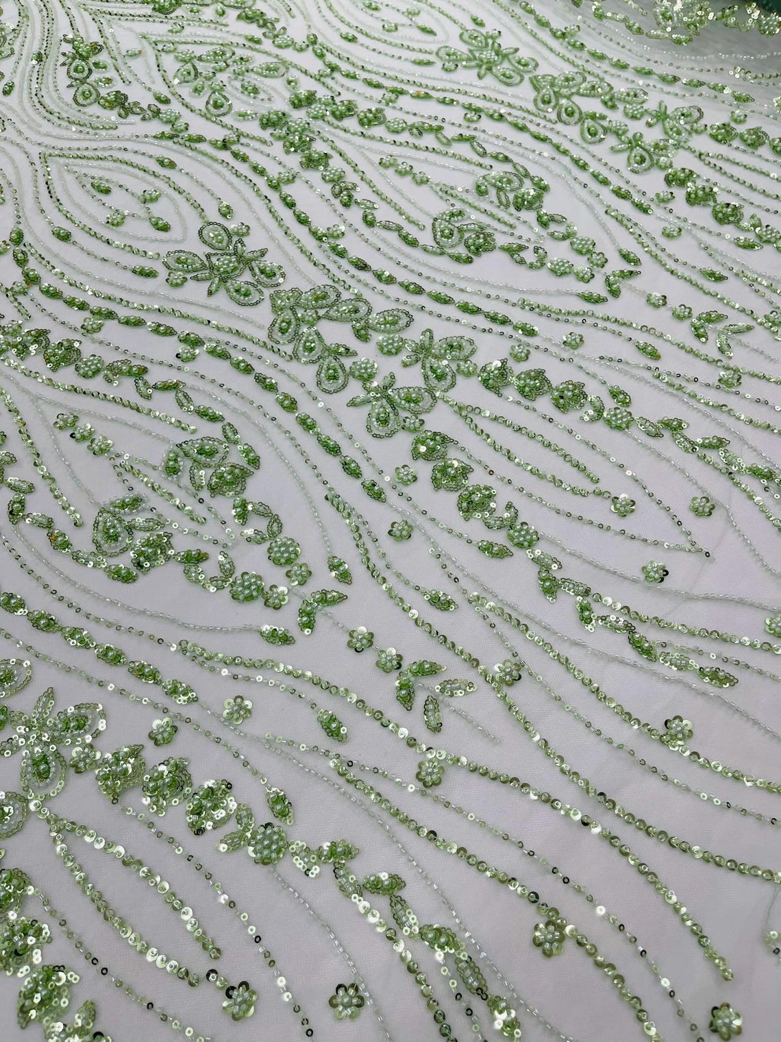 FEATHER  - SAGE - Designs Embroider with Sequins and Heavy Beaded on a Mesh Lace Fabric - Sold By The Yard