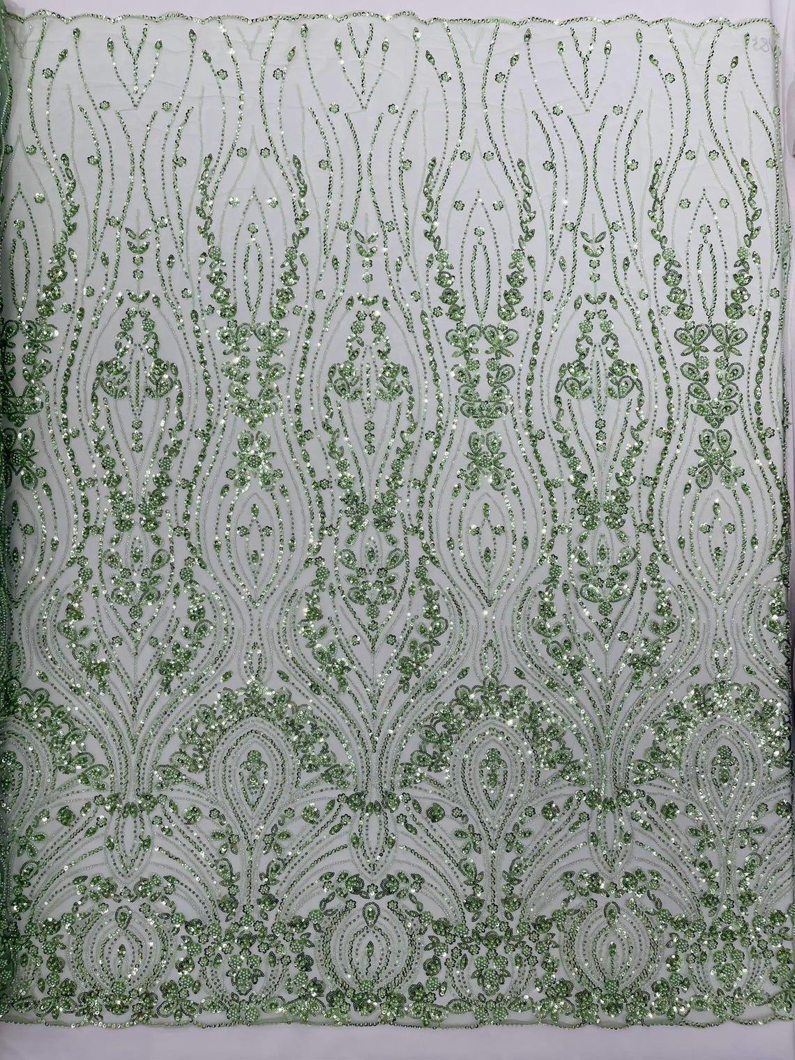 FEATHER  - SAGE - Designs Embroider with Sequins and Heavy Beaded on a Mesh Lace Fabric - Sold By The Yard