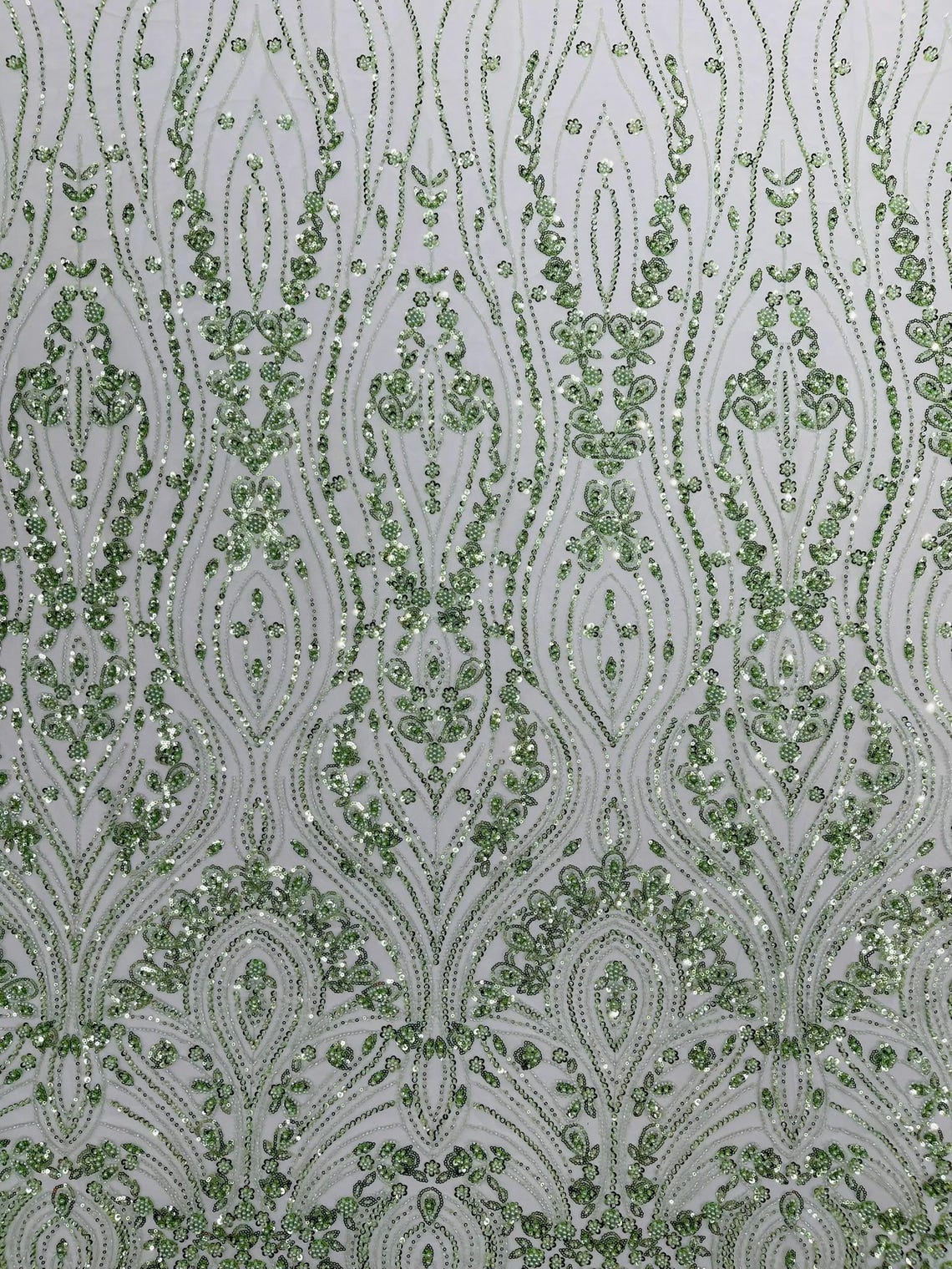 FEATHER  - SAGE - Designs Embroider with Sequins and Heavy Beaded on a Mesh Lace Fabric - Sold By The Yard