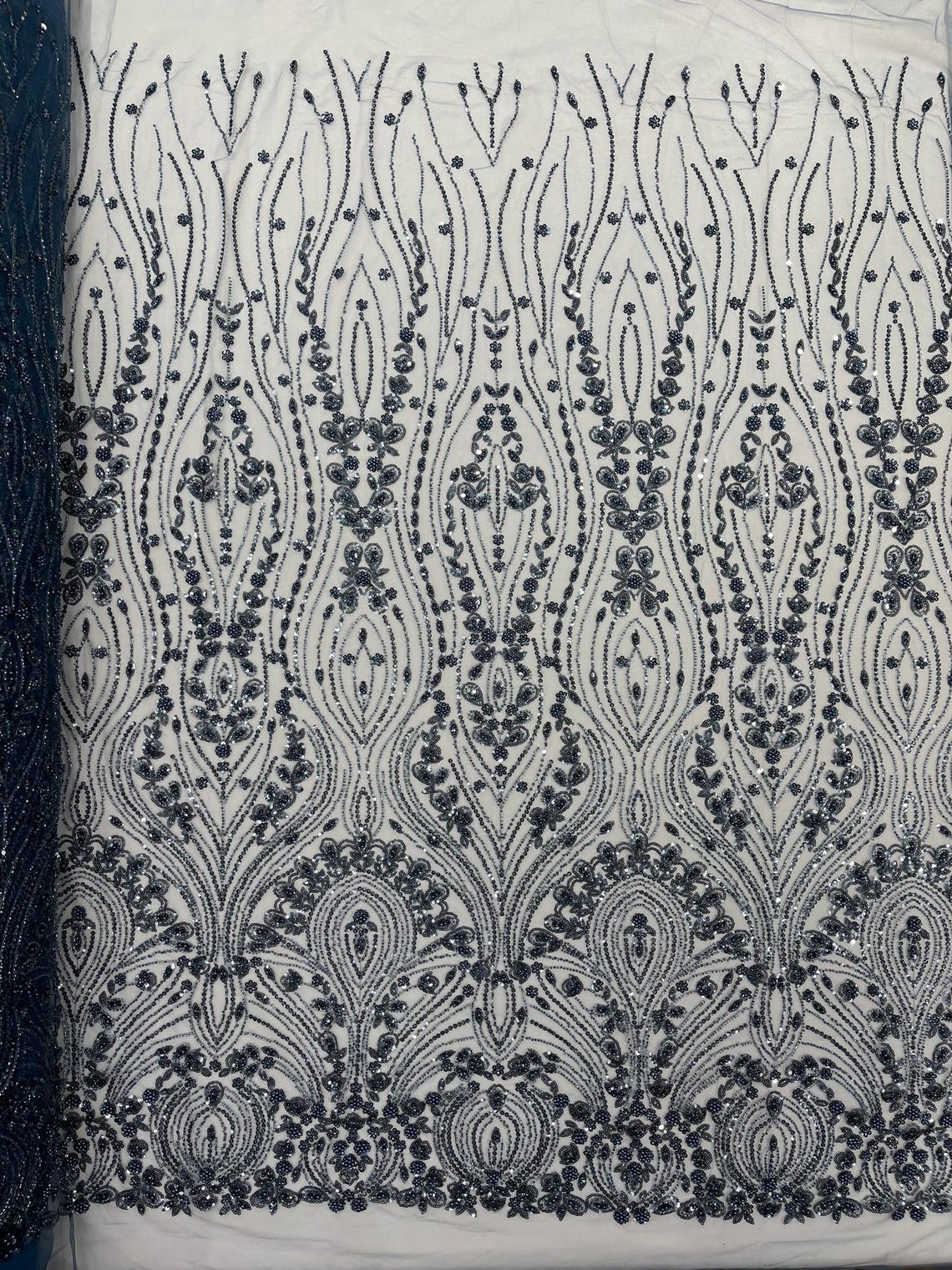 FEATHER  - SMOKE BLUE - Designs Embroider with Sequins and Heavy Beaded on a Mesh Lace Fabric - Sold By The Yard