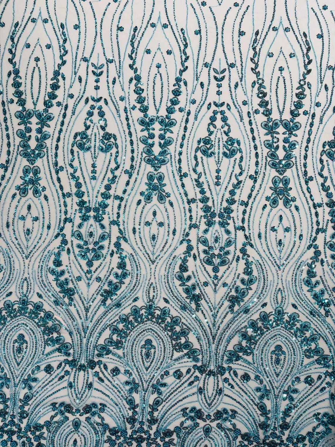 FEATHER  - TURQUOISE - Designs Embroider with Sequins and Heavy Beaded on a Mesh Lace Fabric - Sold By The Yard
