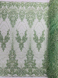 DAMASK  - SAGE - Designs Embroider with Sequins and Heavy Beaded on a Mesh Lace Fabric - Sold By The Yard