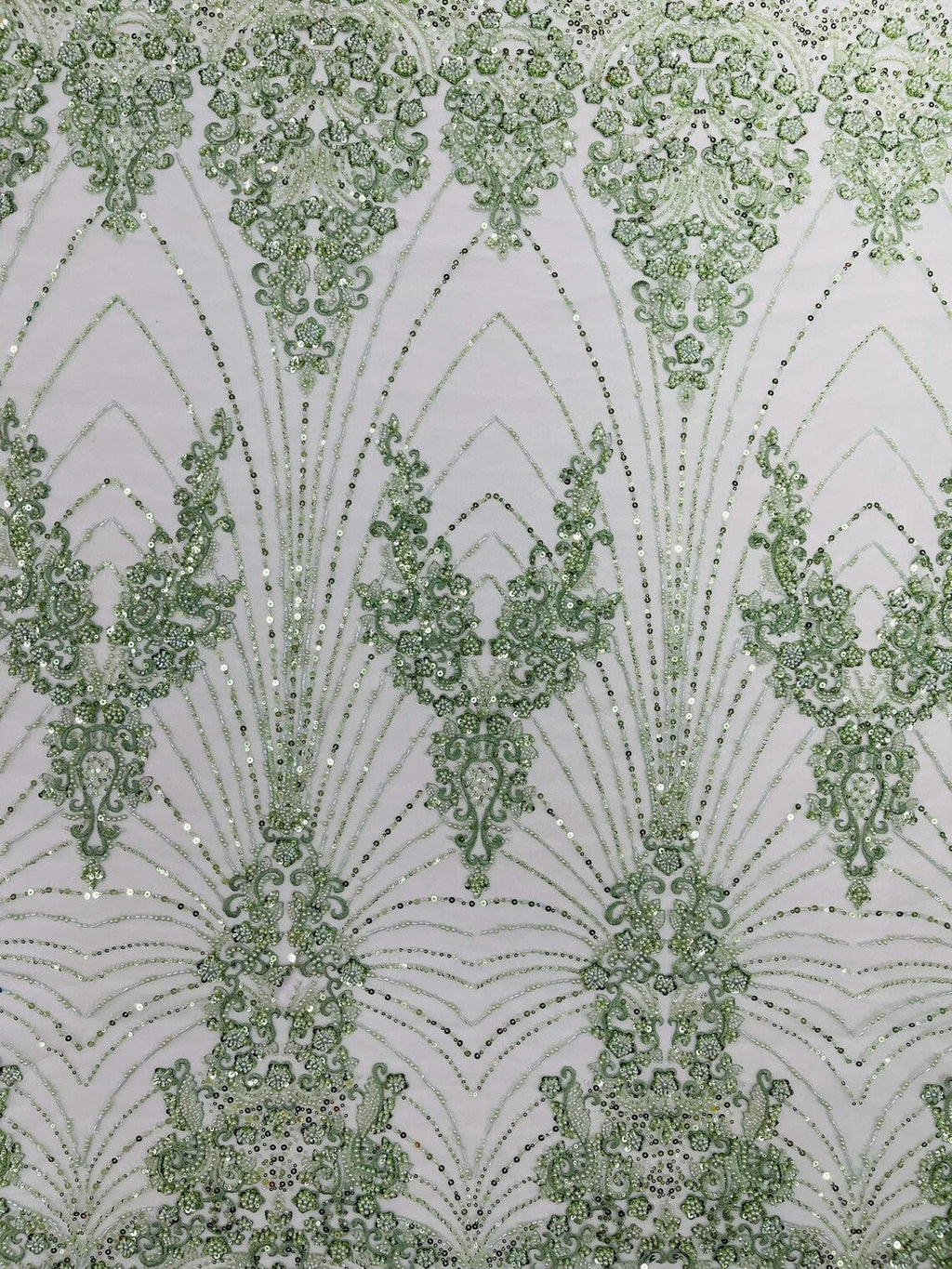 DAMASK  - SAGE - Designs Embroider with Sequins and Heavy Beaded on a Mesh Lace Fabric - Sold By The Yard