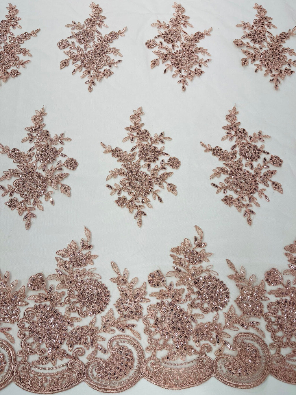 Corded Lace with Embroidery and Sequin on Mesh Fabric By The Yard. Dusty Rose