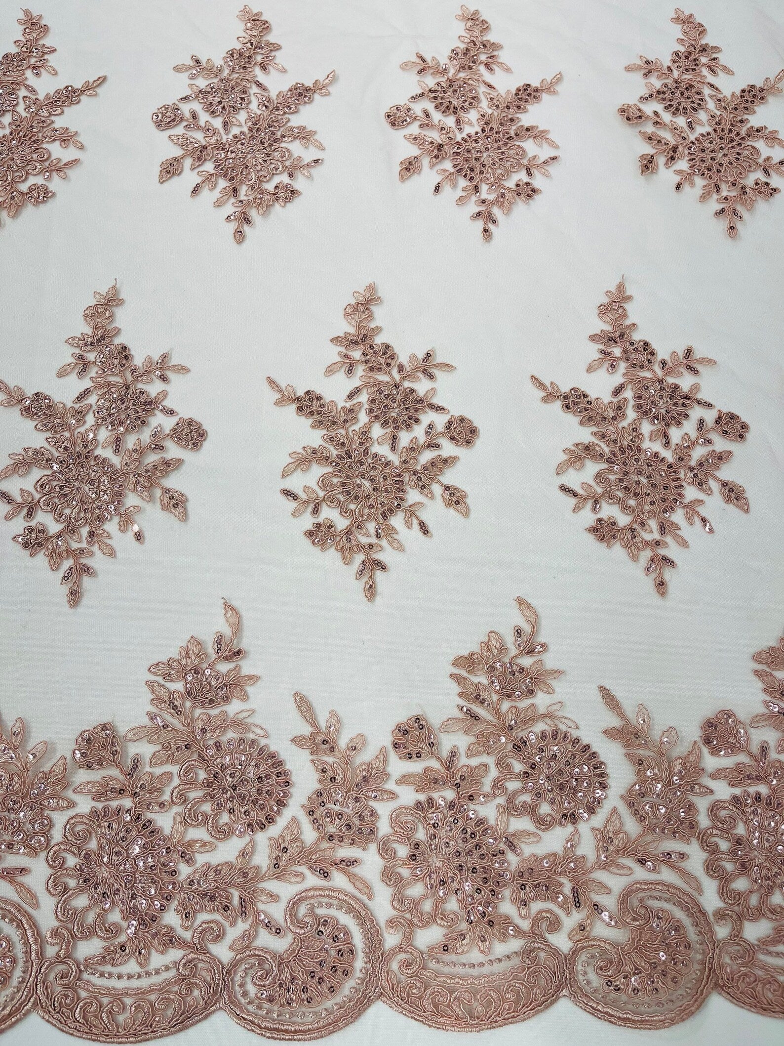 Corded Lace with Embroidery and Sequin on Mesh Fabric By The Yard. Dusty Rose