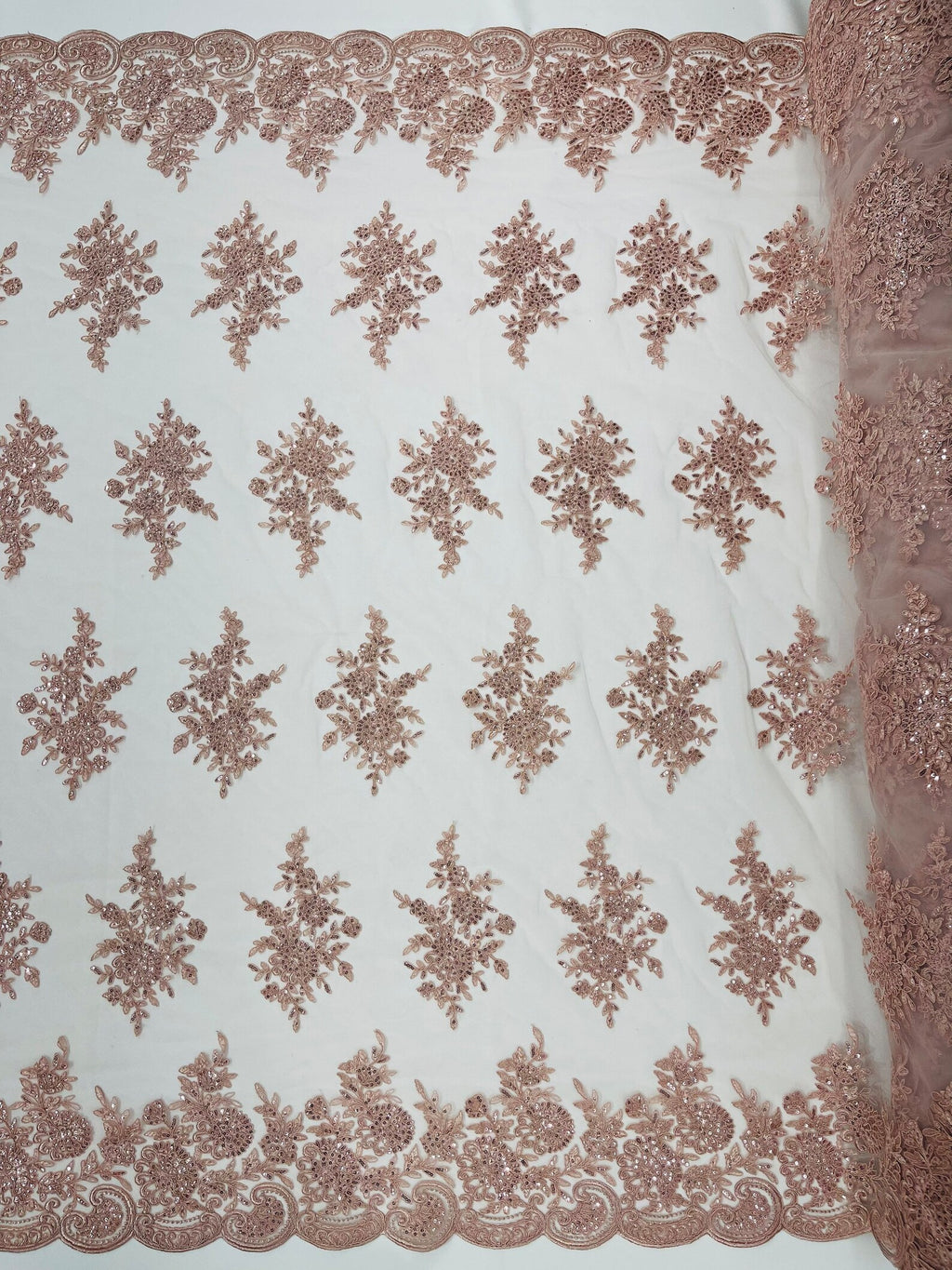 Corded Lace with Embroidery and Sequin on Mesh Fabric By The Yard. Dusty Rose
