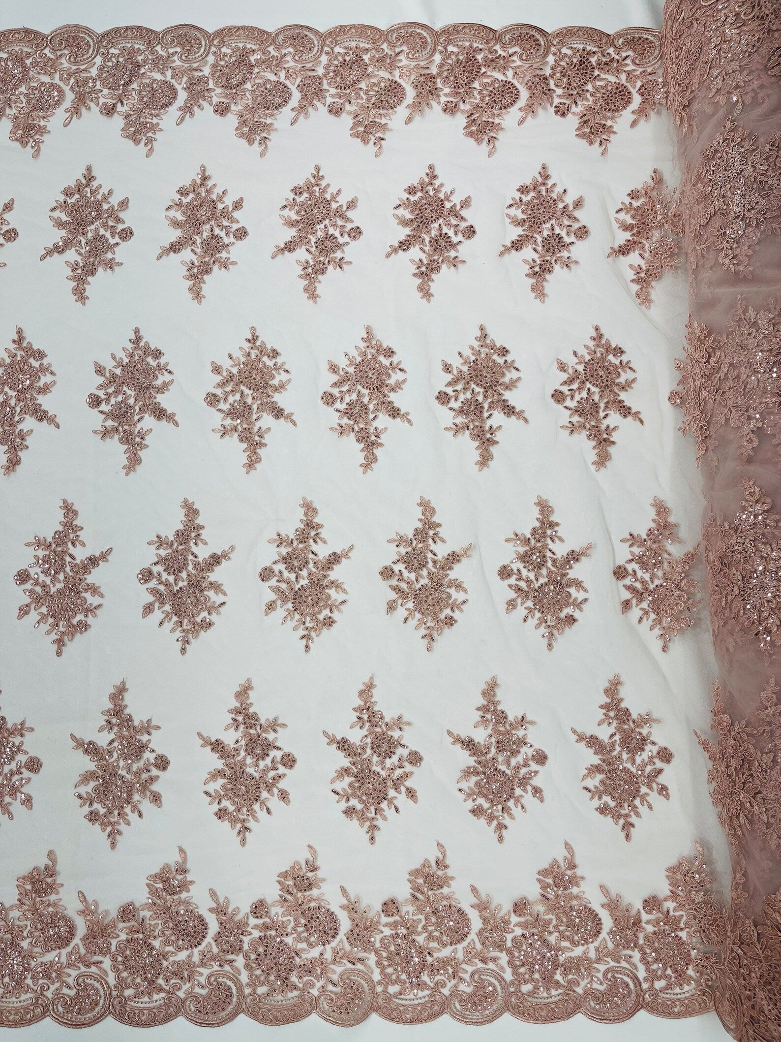 Corded Lace with Embroidery and Sequin on Mesh Fabric By The Yard. Dusty Rose