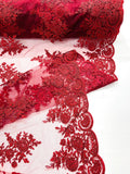 Corded Lace with Embroidery and Sequin on Mesh Fabric By The Yard. Burgundy