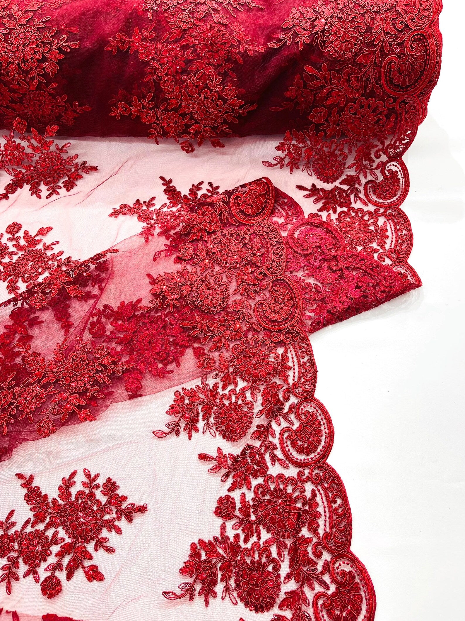 Corded Lace with Embroidery and Sequin on Mesh Fabric By The Yard. Burgundy