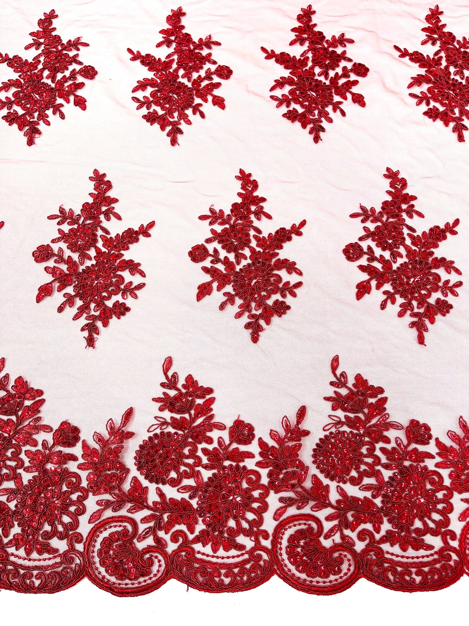 Corded Lace with Embroidery and Sequin on Mesh Fabric By The Yard. Burgundy