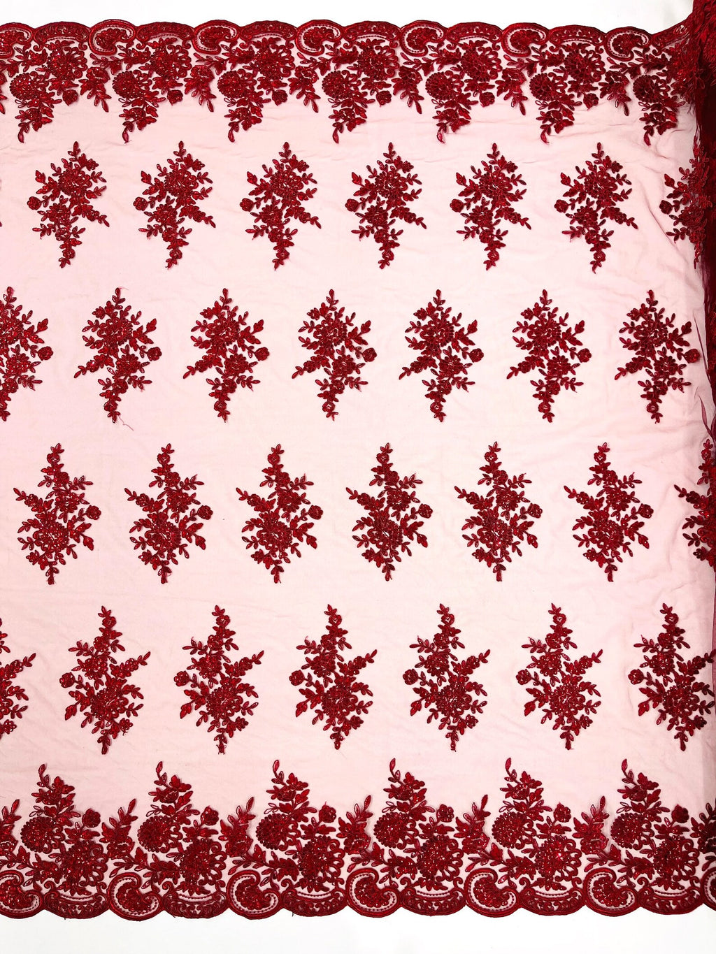 Corded Lace with Embroidery and Sequin on Mesh Fabric By The Yard. Burgundy
