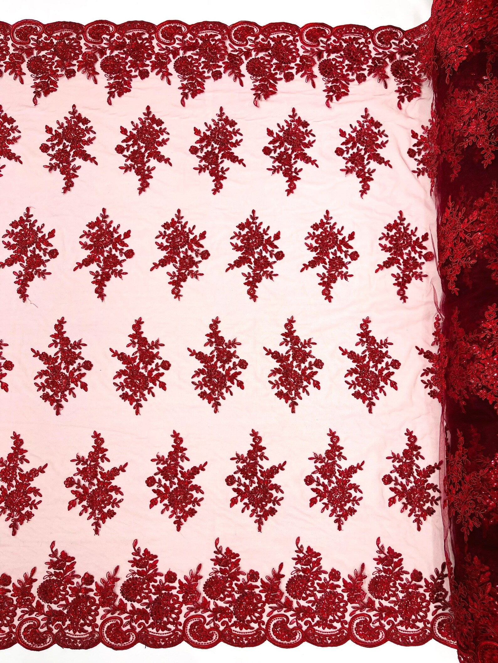 Corded Lace with Embroidery and Sequin on Mesh Fabric By The Yard. Burgundy
