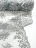 Corded Lace with Embroidery and Sequin on Mesh Fabric By The Yard. Silver