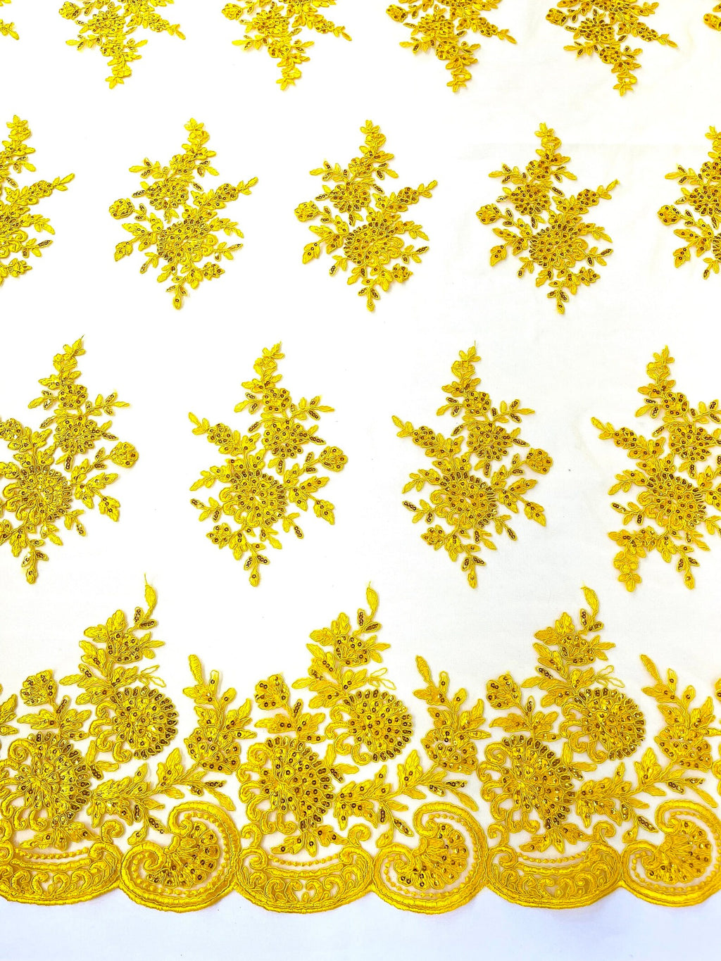 Corded Lace with Embroidery and Sequin on Mesh Fabric By The Yard. Yellow