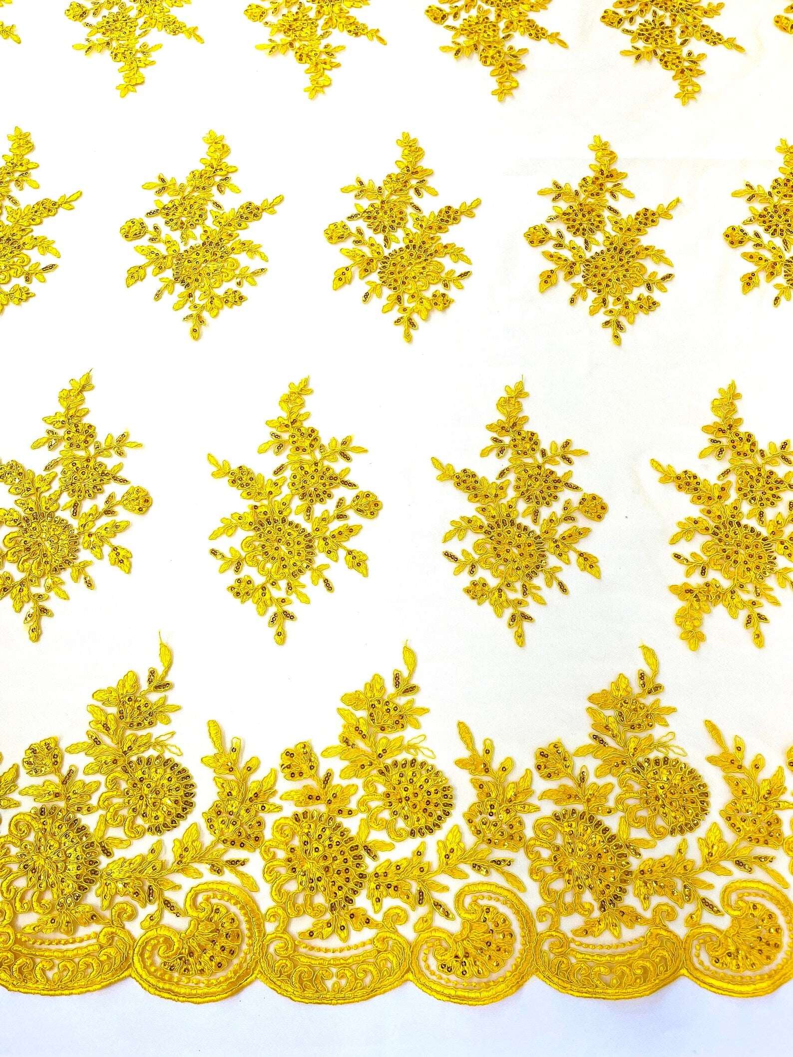 Corded Lace with Embroidery and Sequin on Mesh Fabric By The Yard. Yellow