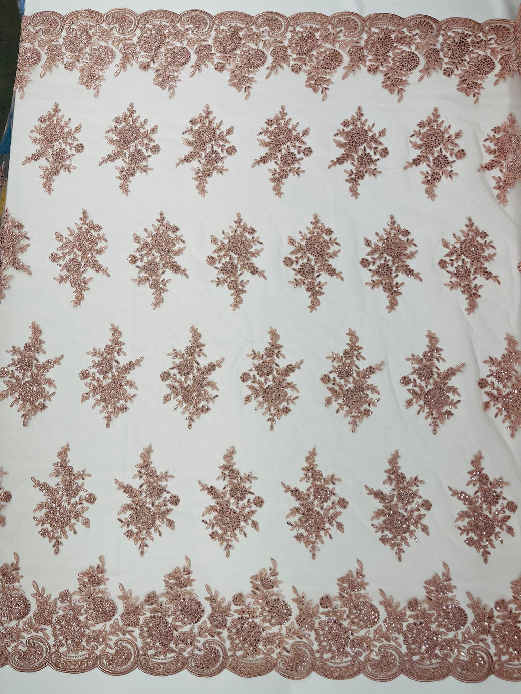 Corded Lace with Embroidery and Sequin on Mesh Fabric By The Yard. Dusty Rose