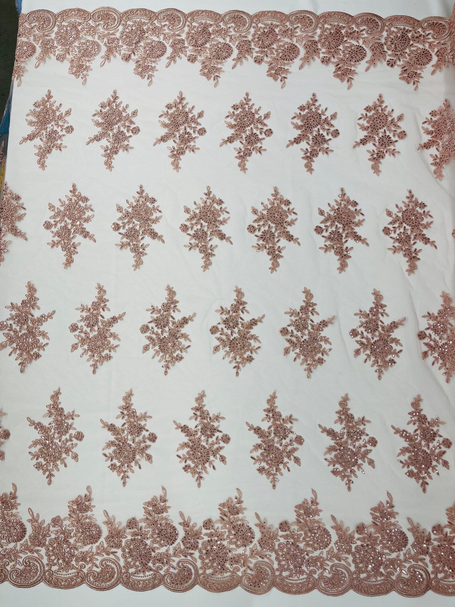 Corded Lace with Embroidery and Sequin on Mesh Fabric By The Yard. Dusty Rose