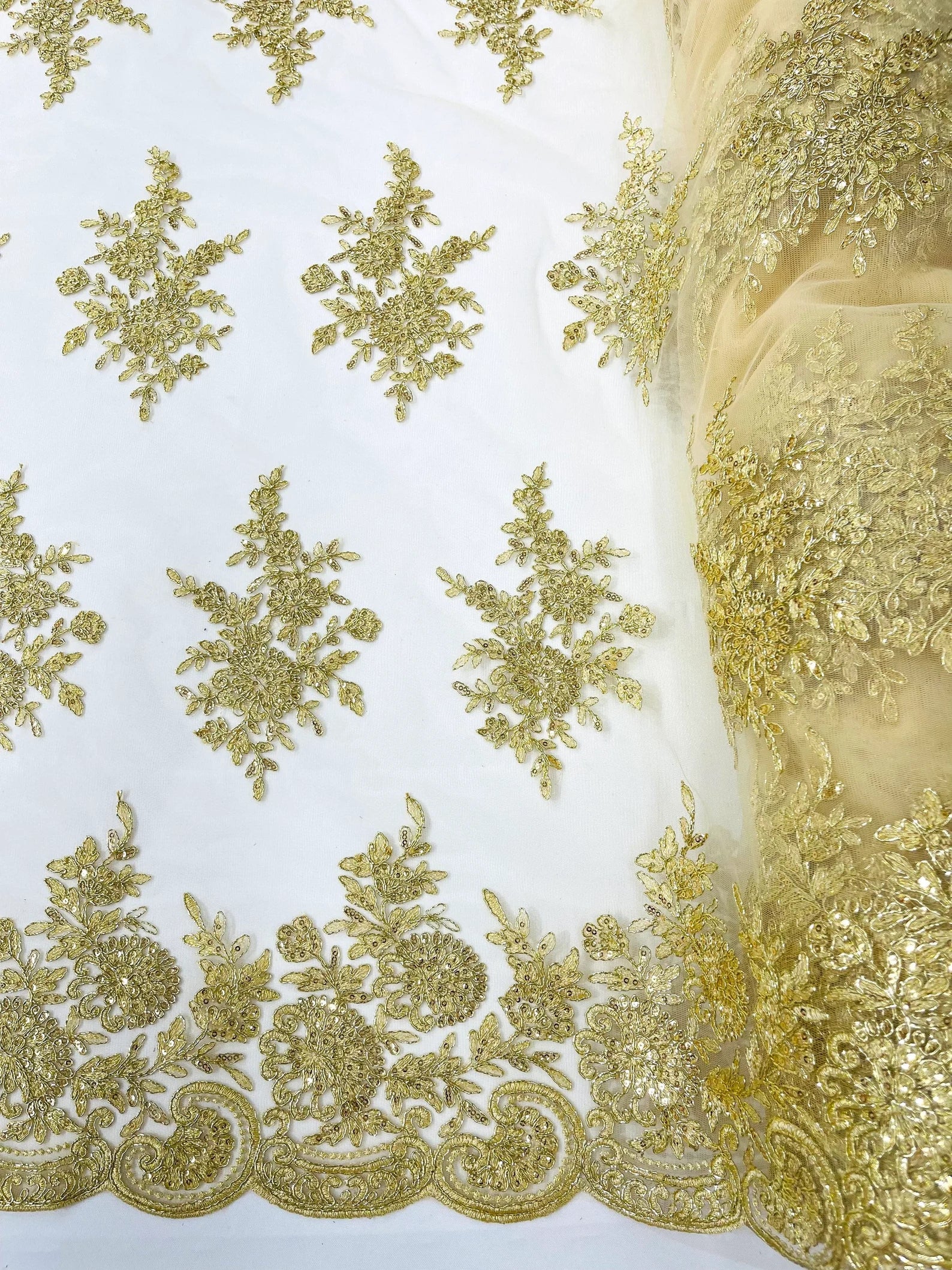 Corded Lace with Embroidery and Sequin on Mesh Fabric By The Yard. Lt Gold